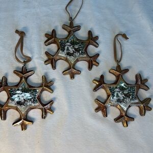 Vintage Ornament “snow deer forest log cabin” scene on resein